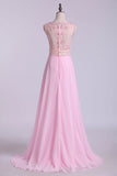 Beaded Bodice Bateau Prom Dresses Chiffon Floor Length