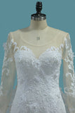 Scoop Long Sleeves Mermaid Wedding Dresses With Applique Tulle Chapel Train Detachable