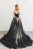 Elegant Black A-line Sweetheart Strapless Tulle Lace Appliques Lace up Prom Dresses JS29