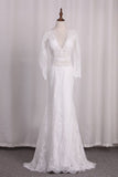 V Neck Long Sleeves Lace Mermaid Wedding Dresses Open Back Sweep Train