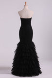 Black Sweetheart Ruffled Bodice Evening Dresses Tulle Floor Length Mermaid