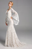 Chic Elegant Boho Lace Long Beach Wedding Dresses With Sleeves