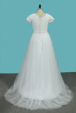 Short Sleeves V Neck Wedding Dresses Tulle & Lace With Beading