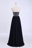 Dark Navy Blue Prom Dresses Sweetheart Floor Length Chiffon With Silver Beading