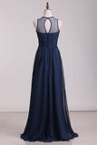 Prom Dresses Scoop Chiffon With Ruffles A Line Dark Navy Floor Length