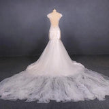 Charming Mermaid Tulle V-neck Wedding Dress, Sheer Back Long Bridal Dresses SJS15112