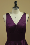 Grape V Neck Evening Dresses A Line With Slit & Ruffles Sweep Train