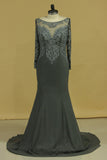 Plus Size Long Sleeves Scoop Beaded Bodice Mermaid Evening Dresses Chiffon & Tulle