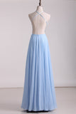 Open Back A Line Prom Dresses Chiffon With Applique And Beads