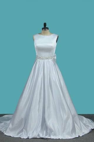 Satin Bateau A Line With Beads And Bow Knot Wedding Dresses