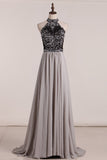 Chiffon High Neck Open Back Prom Dresses Beaded Bodice A Line