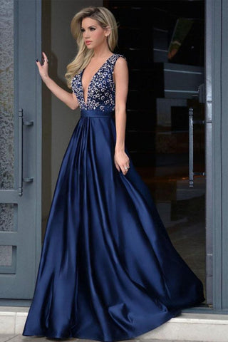 Formal Deep V-Neck Open Back Long Beading Satin Evening Dresses Prom Dresses