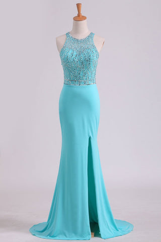 Open Back Scoop With Beading And Slit Spandex Prom Dresses