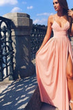 Prom Dresses Spaghetti Straps V-Neck Chiffon With Slit A Line