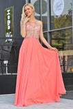 A Line Spaghetti Straps With Beading Prom Dresses Chiffon Open Back