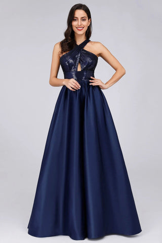 Cold Shoulder Sequin Navy Blue Prom Dresses Backless Satin Long Evening Dresses SJS15132