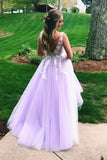 A Line Lilac Appliques V Neck Long Prom Dresses, Long Prom Formal Gowns SJS15004