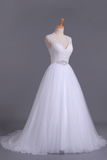 V-Neck A Line Wedding Dresses Tulle Beaded Bodice Court Train