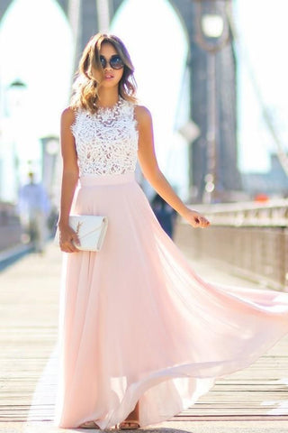 Modest Chiffon Long Blush Pink White Lace A-Line High Neck Floor-Length Prom Dresses JS192