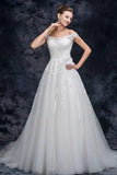 Off the Shoulder Tulle Wedding Dress with Lace Applique, A Line Long Bridal Dresses SJS15273