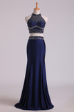 Halter Two-Piece Beaded Bodice Sheath Open Back Prom Dresses Spandex & Tulle Floor Length