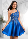 Hana A-line One Shoulder Short Satin Homecoming Dress With Appliques Lace Sequins JLP0025657