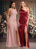 Abbey A-line One Shoulder Floor-Length Stretch Satin Bridesmaid Dress With Bow JLP0025758