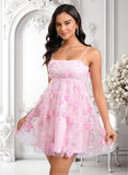 Elaina A-line Straight Mini Lace Homecoming Dress With Bow Flower JLP0025670