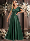 Sage A-line V-Neck Floor-Length Stretch Satin Bridesmaid Dress With Ruffle JLP0025773