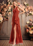 Jazmine A-line V-Neck Floor-Length Chiffon Bridesmaid Dress With Ruffle JLP0025754