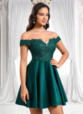 Diya A-line Off the Shoulder Short Lace Satin Homecoming Dress With Rhinestone JLP0025718