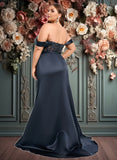 Coral Trumpet/Mermaid Off the Shoulder Sweep Train Satin Prom Dresses With Sequins Appliques Lace JLP0025835