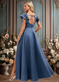 Lia A-line Square Floor-Length Satin Bridesmaid Dress With Ruffle JLP0025774