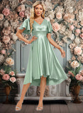 Bridget A-line V-Neck Asymmetrical Stretch Satin Bridesmaid Dress With Ruffle JLP0025772