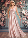 Millicent A-line V-Neck Floor-Length Stretch Satin Bridesmaid Dress JLP0025779