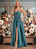 Carlee A-line V-Neck Floor-Length Stretch Satin Bridesmaid Dress JLP0025786