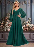 Jamya A-line V-Neck Floor-Length Chiffon Bridesmaid Dress JLP0025816