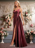 Ellen A-line V-Neck Floor-Length Stretch Satin Bridesmaid Dress With Ruffle JLP0025785