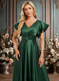 Leanna A-line V-Neck Floor-Length Satin Bridesmaid Dress With Ruffle JLP0025777