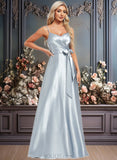 Madalyn A-line V-Neck Floor-Length Stretch Satin Bridesmaid Dress JLP0025795