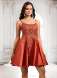 Lea A-line Scoop Short Satin Lace Homecoming Dress With Sequins JLP0025683