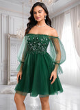 Gabriela A-line Off the Shoulder Short Tulle Homecoming Dress With Sequins Appliques Lace JLP0025663