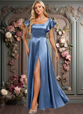 Michaela A-line Square Floor-Length Stretch Satin Bridesmaid Dress With Ruffle JLP0025769