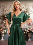 Hazel A-line V-Neck Floor-Length Stretch Satin Bridesmaid Dress JLP0025782