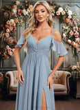 Yvonne A-line Cold Shoulder Floor-Length Chiffon Bridesmaid Dress With Ruffle JLP0025797