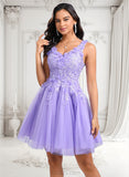 Raquel Ball-Gown/Princess V-Neck Short Lace Tulle Homecoming Dress With Flower JLP0025656