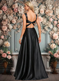 Jacey A-line V-Neck Floor-Length Stretch Satin Prom Dresses With Bow JLP0025882