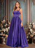 Britney Ball-Gown/Princess Scoop Floor-Length Satin Prom Dresses With Appliques Lace Beading JLP0025865