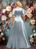 Corinne A-line V-Neck Floor-Length Stretch Satin Bridesmaid Dress With Ruffle JLP0025767