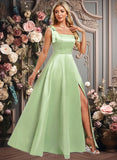 Ida A-line Square Floor-Length Satin Bridesmaid Dress With Bow JLP0025778